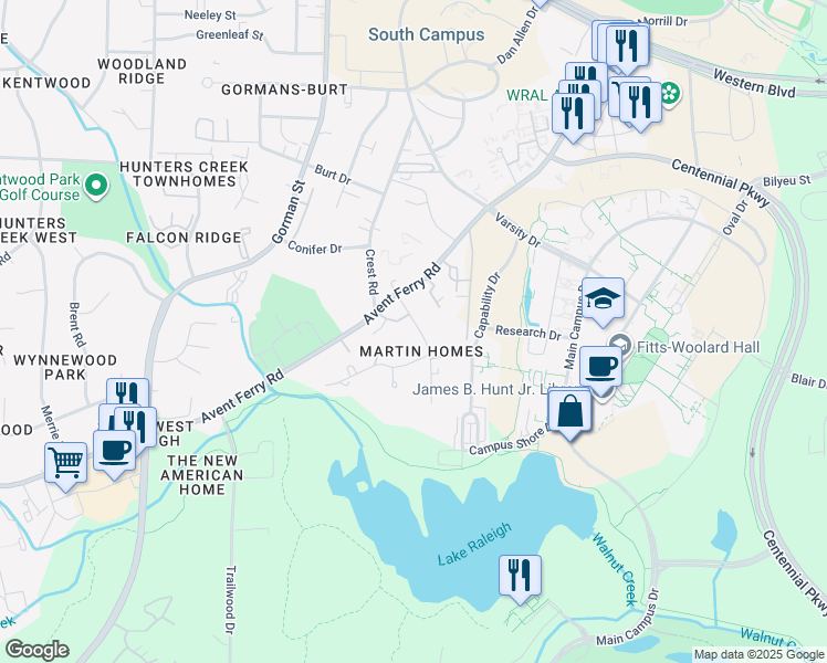 map of restaurants, bars, coffee shops, grocery stores, and more near 616 Chappell Drive in Raleigh