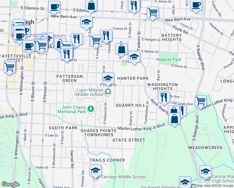 map of restaurants, bars, coffee shops, grocery stores, and more near 615 Church Street in Raleigh