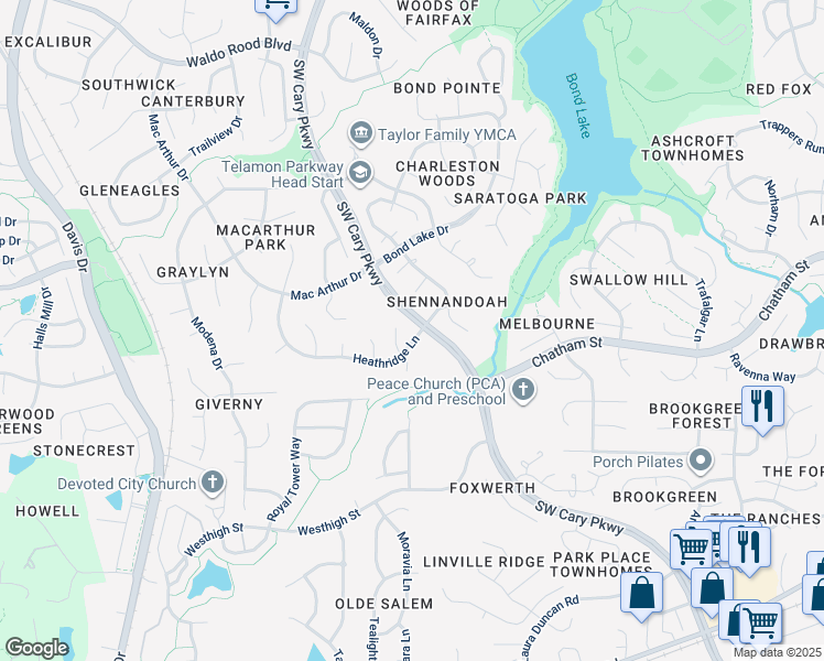 map of restaurants, bars, coffee shops, grocery stores, and more near 100 Heathridge Lane in Cary