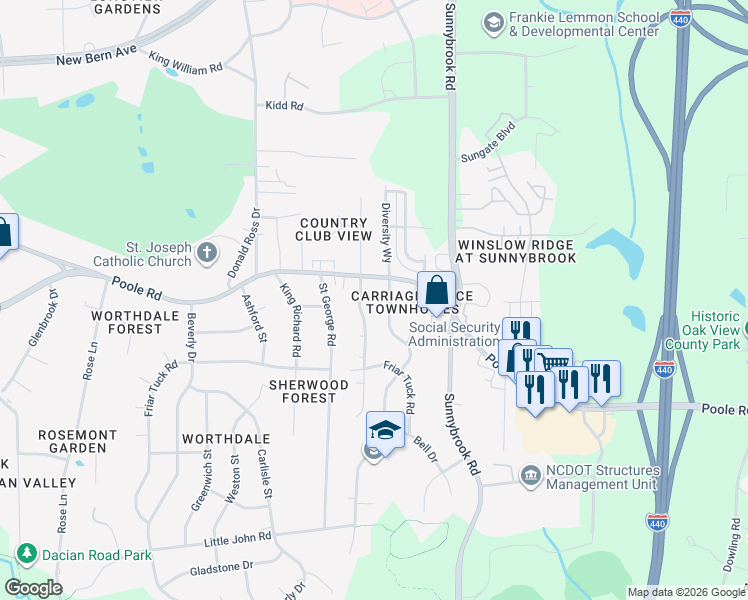 map of restaurants, bars, coffee shops, grocery stores, and more near 500 Cooper Road in Raleigh