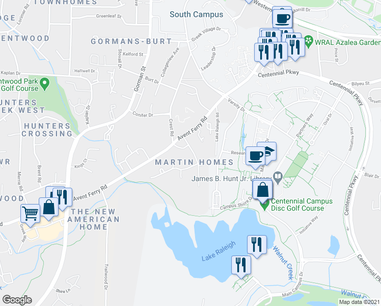 map of restaurants, bars, coffee shops, grocery stores, and more near 616 Chappell Drive in Raleigh