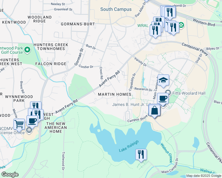 map of restaurants, bars, coffee shops, grocery stores, and more near 616 Chappell Drive in Raleigh