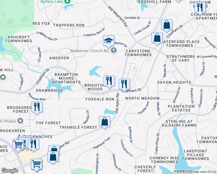 map of restaurants, bars, coffee shops, grocery stores, and more near 1206 West Chatham Street in Cary