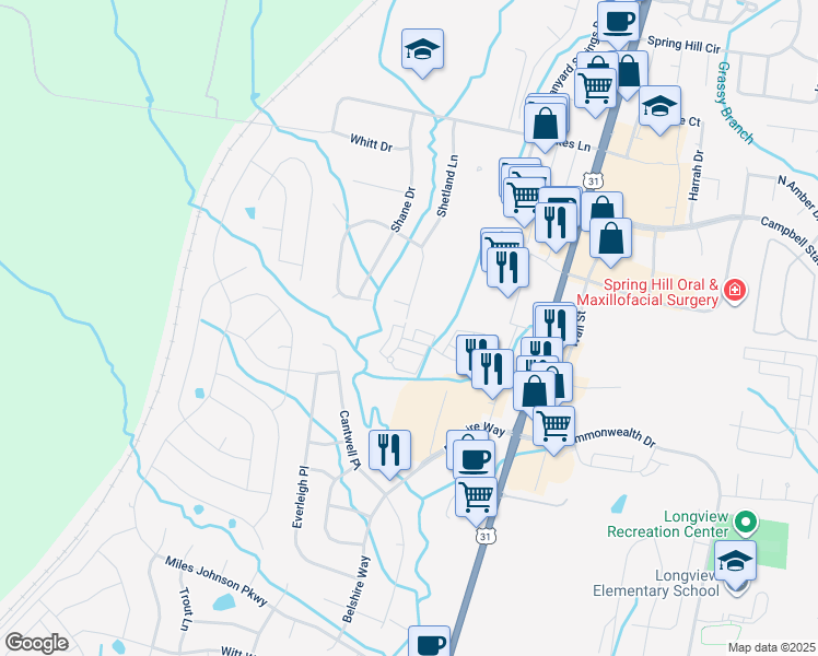map of restaurants, bars, coffee shops, grocery stores, and more near 1803 Ireland Drive in Spring Hill