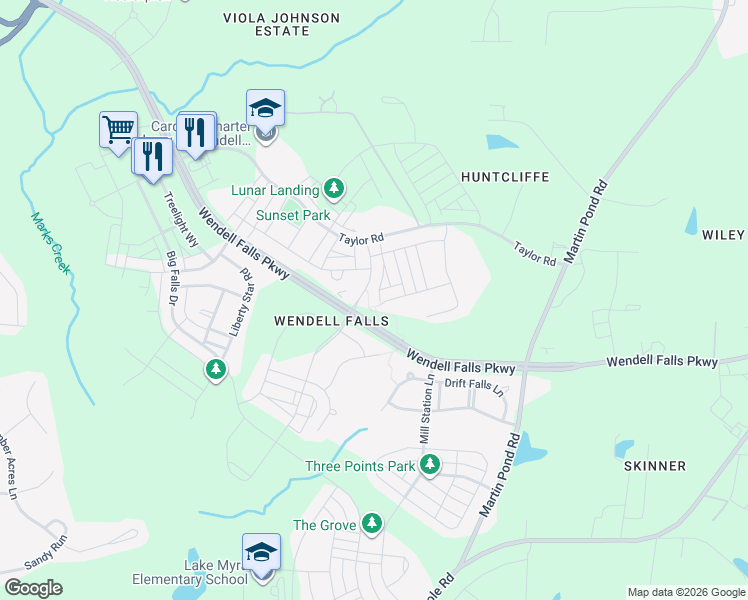 map of restaurants, bars, coffee shops, grocery stores, and more near 265 Daniel Ridge Road in Wendell