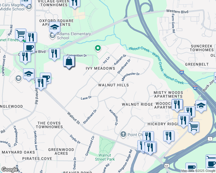 map of restaurants, bars, coffee shops, grocery stores, and more near 1133 Sturdivant Drive in Cary