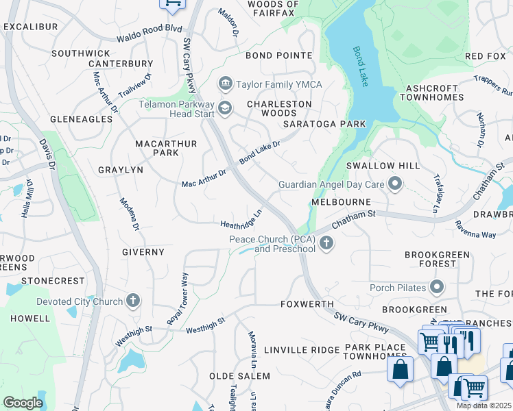 map of restaurants, bars, coffee shops, grocery stores, and more near 100 Heathridge Lane in Cary