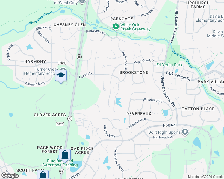 map of restaurants, bars, coffee shops, grocery stores, and more near 608 Park York Lane in Cary