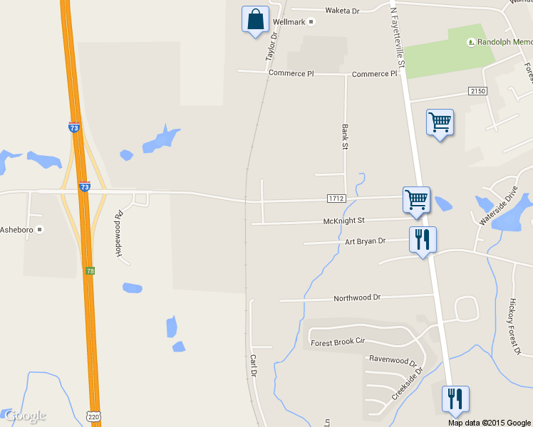 map of restaurants, bars, coffee shops, grocery stores, and more near 2430 Sylvan Drive in Asheboro