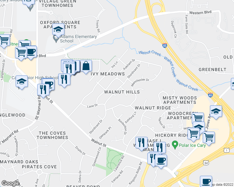 map of restaurants, bars, coffee shops, grocery stores, and more near 1133 Sturdivant Drive in Cary