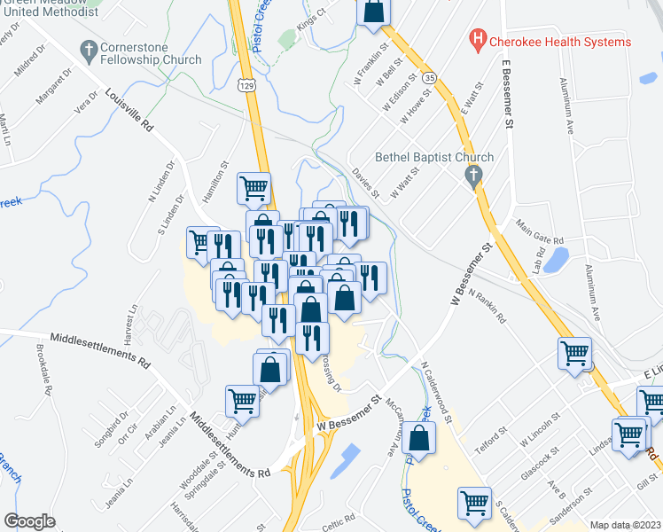 map of restaurants, bars, coffee shops, grocery stores, and more near 100 Hamilton Crossing Drive in Alcoa