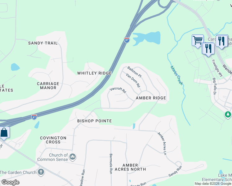 map of restaurants, bars, coffee shops, grocery stores, and more near 3120 Varcroft Road in Knightdale