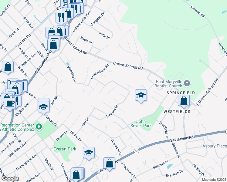map of restaurants, bars, coffee shops, grocery stores, and more near 2026 Swarthmore Lane in Maryville