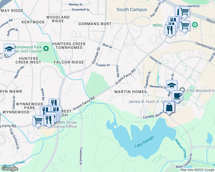 map of restaurants, bars, coffee shops, grocery stores, and more near 2704 Brigadoon Drive in Raleigh