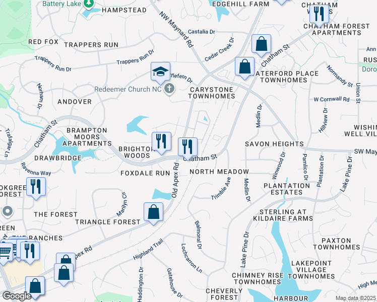 map of restaurants, bars, coffee shops, grocery stores, and more near 2025 Swift Commons Lane in Cary