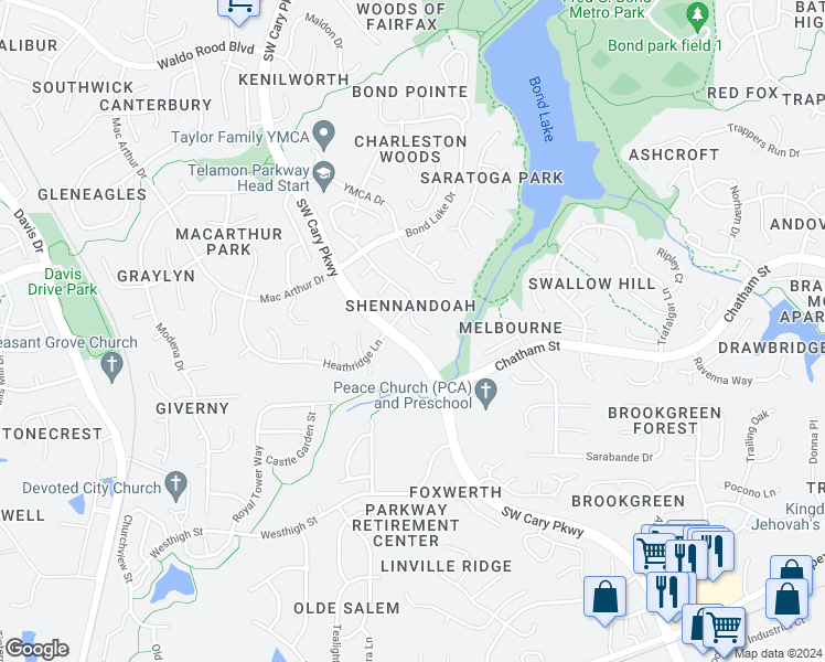 map of restaurants, bars, coffee shops, grocery stores, and more near 204 Gettysburg Drive in Cary