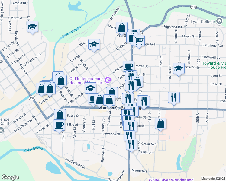 map of restaurants, bars, coffee shops, grocery stores, and more near 895 Oak Street in Batesville