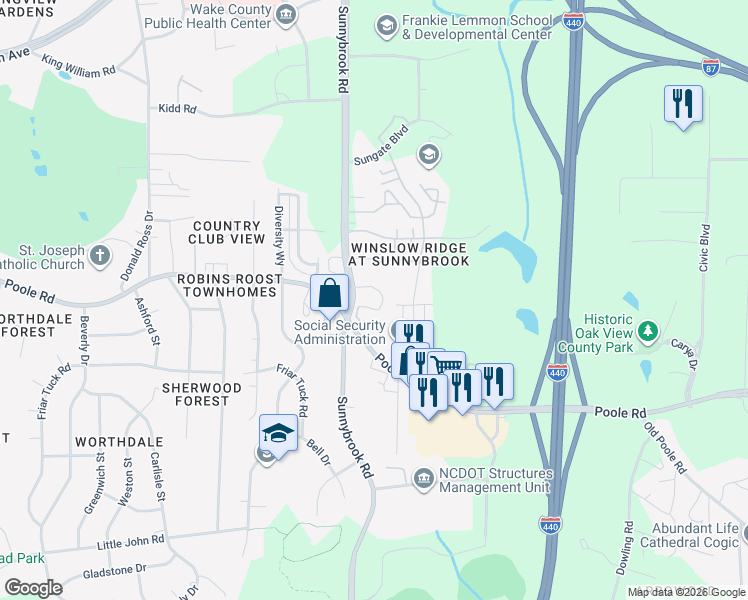 map of restaurants, bars, coffee shops, grocery stores, and more near 3328 Briarcliff Road in Raleigh