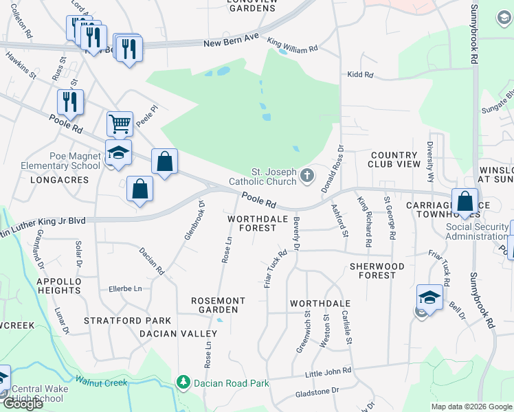 map of restaurants, bars, coffee shops, grocery stores, and more near 2720 Poole Road in Raleigh