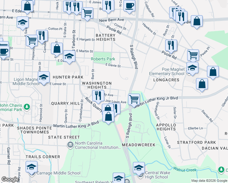 map of restaurants, bars, coffee shops, grocery stores, and more near 1517 East Lenoir Street in Raleigh