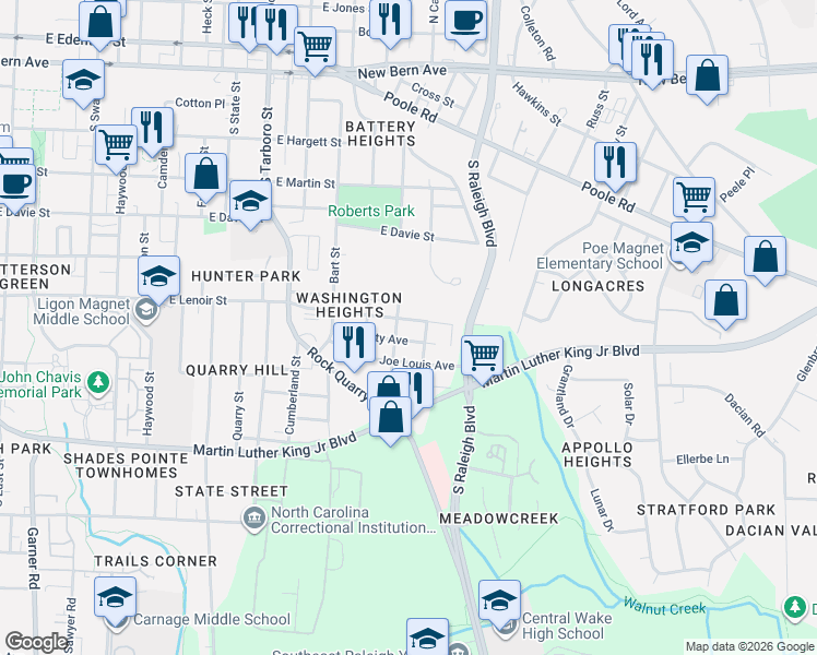 map of restaurants, bars, coffee shops, grocery stores, and more near 1517 East Lenoir Street in Raleigh