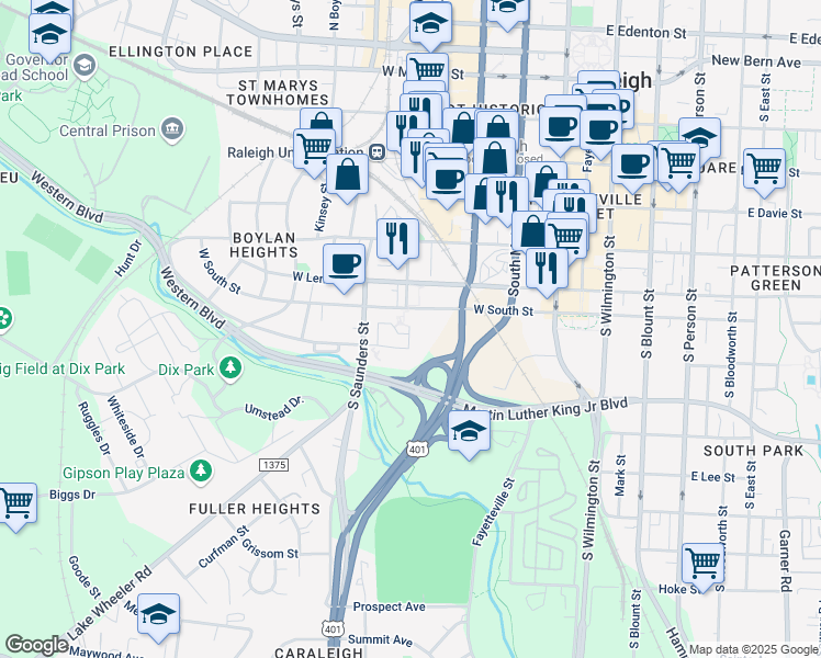 map of restaurants, bars, coffee shops, grocery stores, and more near in Raleigh