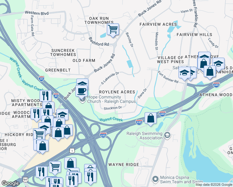 map of restaurants, bars, coffee shops, grocery stores, and more near 5140 Jeffries Street in Raleigh