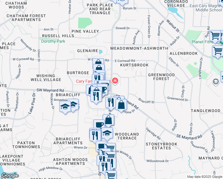 map of restaurants, bars, coffee shops, grocery stores, and more near 919 State Road 1300 in Cary