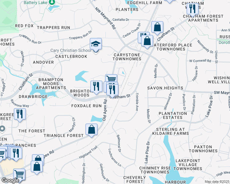 map of restaurants, bars, coffee shops, grocery stores, and more near 1103 Ballena Circle in Cary