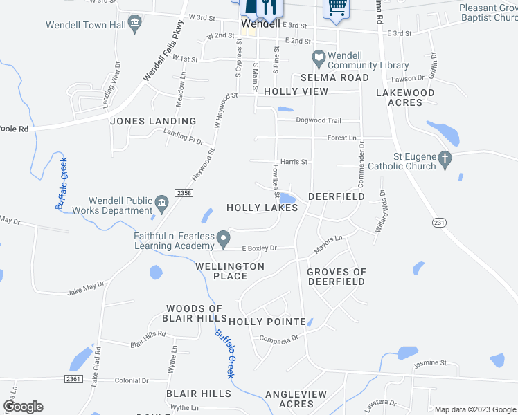 map of restaurants, bars, coffee shops, grocery stores, and more near 8 Cornflower Drive in Wendell