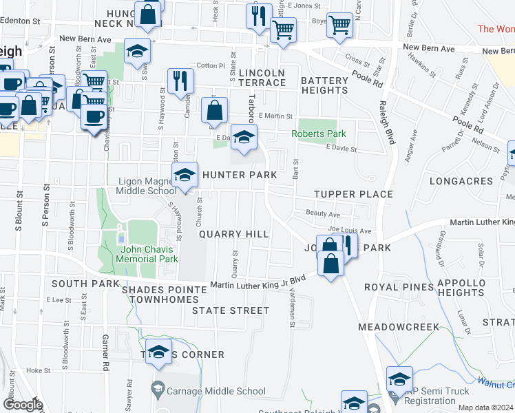 map of restaurants, bars, coffee shops, grocery stores, and more near 617 Coleman Street in Raleigh