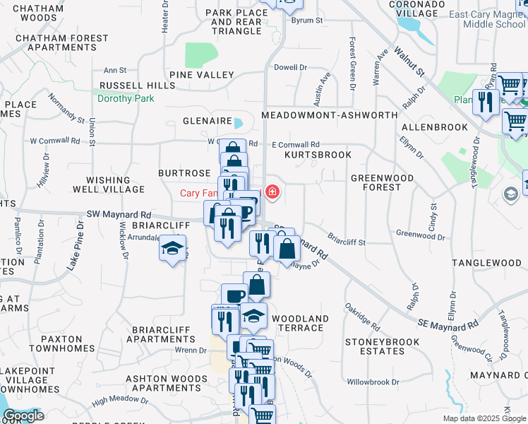 map of restaurants, bars, coffee shops, grocery stores, and more near 980 Kildaire Farm Road in Cary