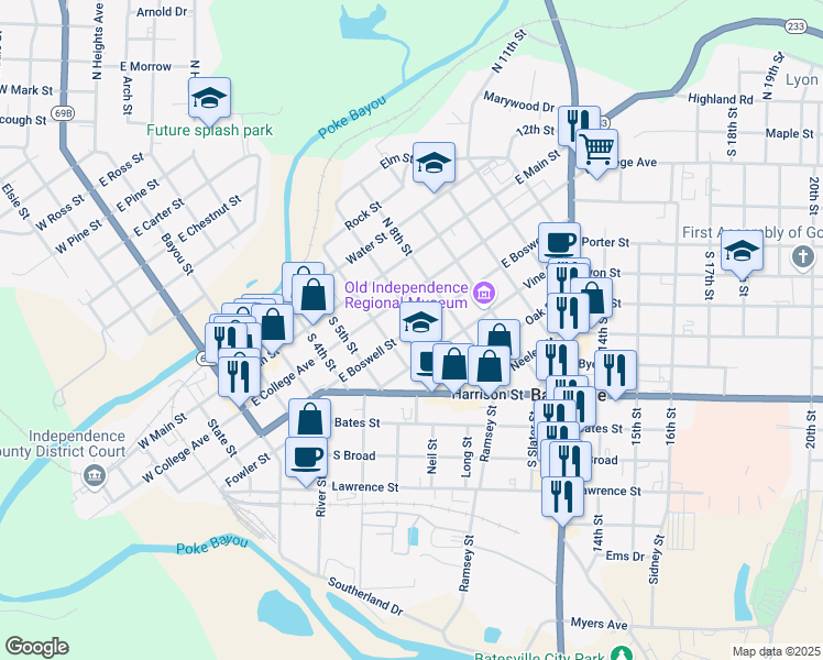 map of restaurants, bars, coffee shops, grocery stores, and more near 672 East Boswell Street in Batesville