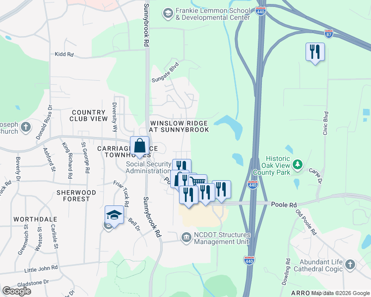 map of restaurants, bars, coffee shops, grocery stores, and more near 813 Samuel Street in Raleigh