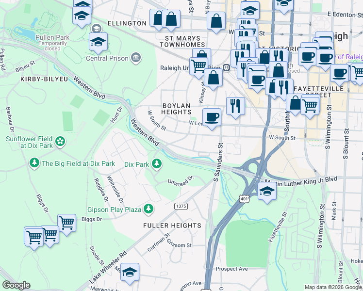 map of restaurants, bars, coffee shops, grocery stores, and more near 715 South Boylan Avenue in Raleigh