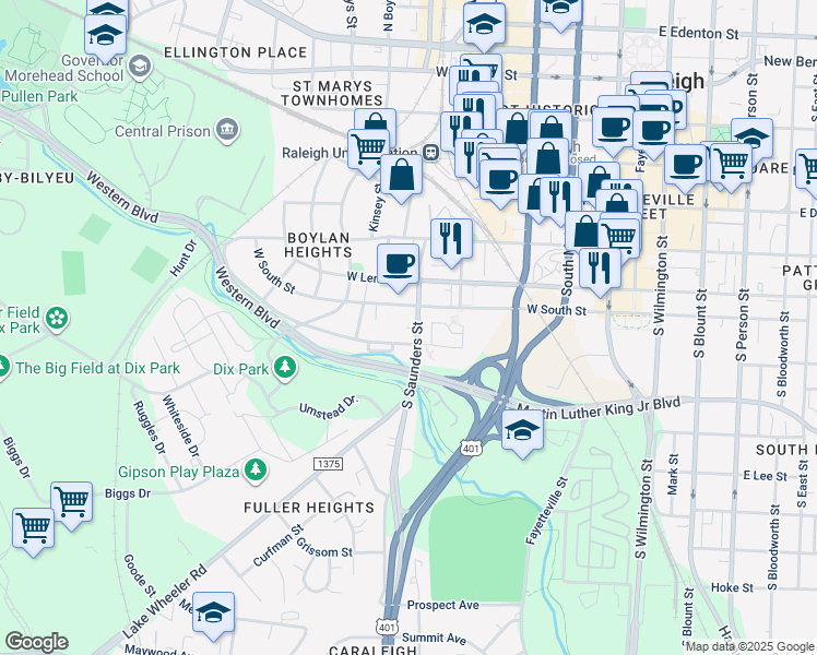 map of restaurants, bars, coffee shops, grocery stores, and more near 718 South Saunders Street in Raleigh