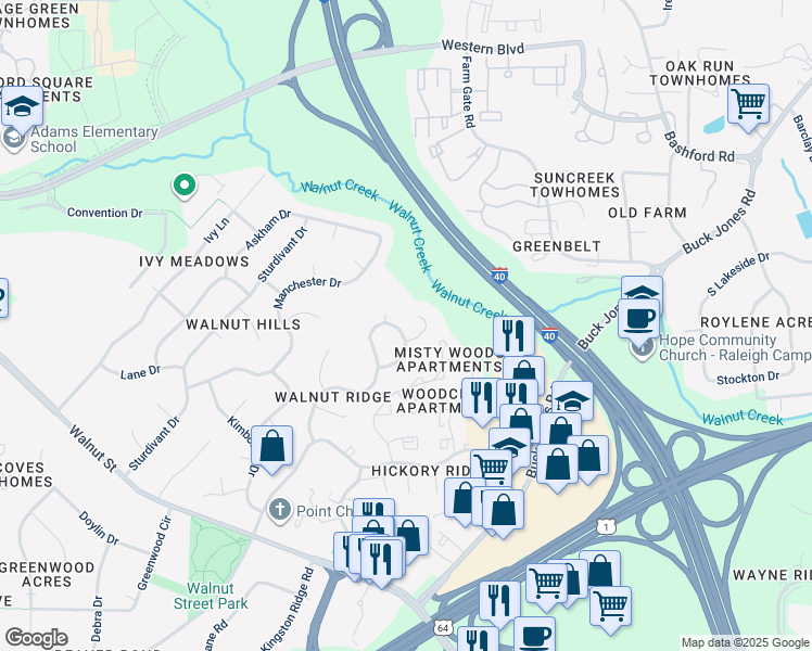 map of restaurants, bars, coffee shops, grocery stores, and more near 405 Whitehall Way in Cary