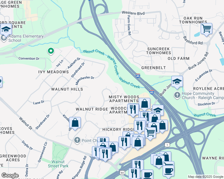 map of restaurants, bars, coffee shops, grocery stores, and more near 405 Whitehall Way in Cary