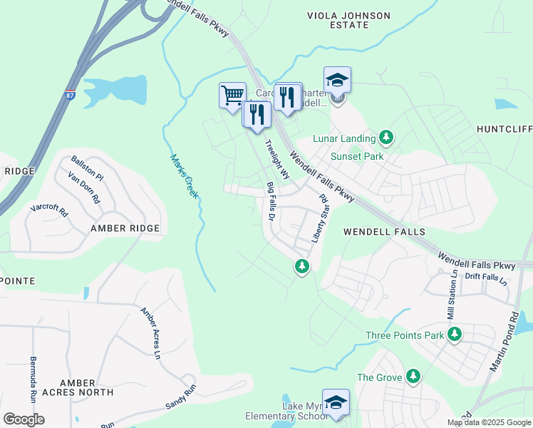 map of restaurants, bars, coffee shops, grocery stores, and more near 2037 Big Falls Drive in Wendell