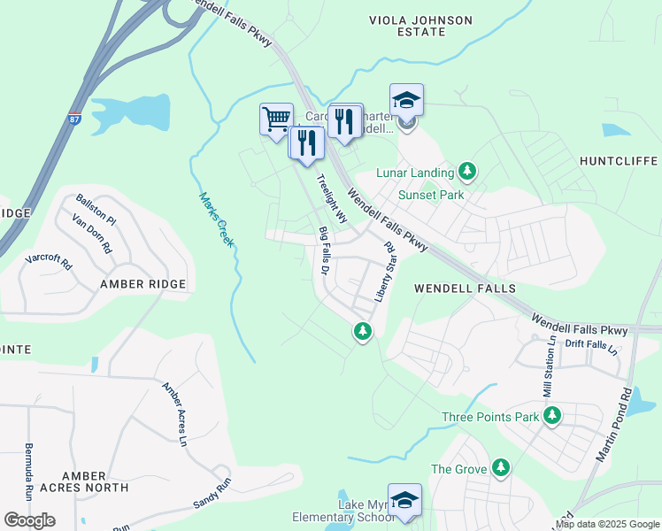 map of restaurants, bars, coffee shops, grocery stores, and more near 2040 Big Falls Drive in Wendell