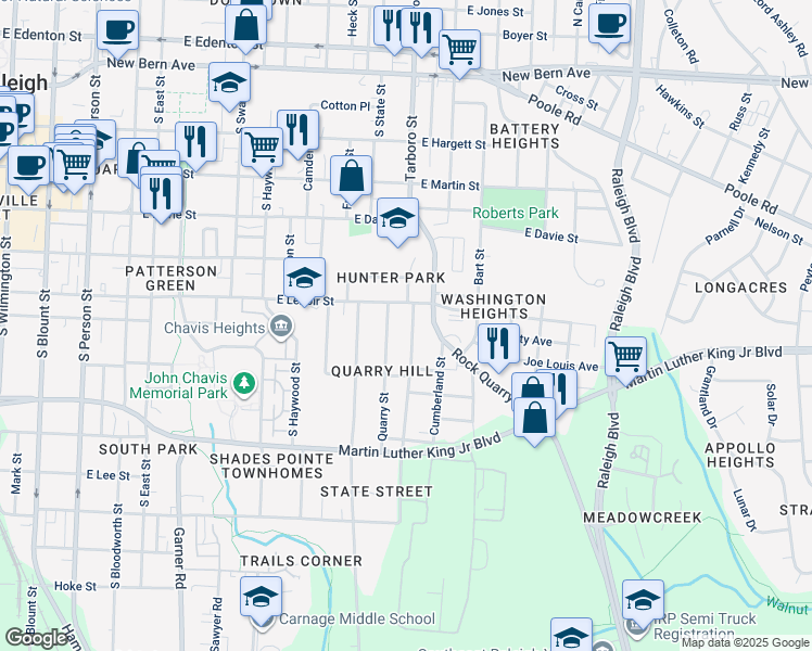 map of restaurants, bars, coffee shops, grocery stores, and more near 602 Coleman Street in Raleigh