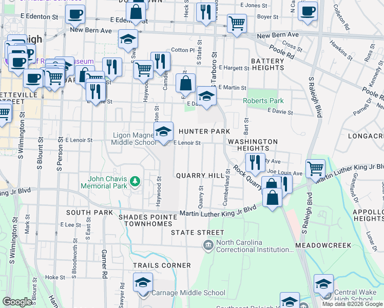 map of restaurants, bars, coffee shops, grocery stores, and more near 709 South State Street in Raleigh