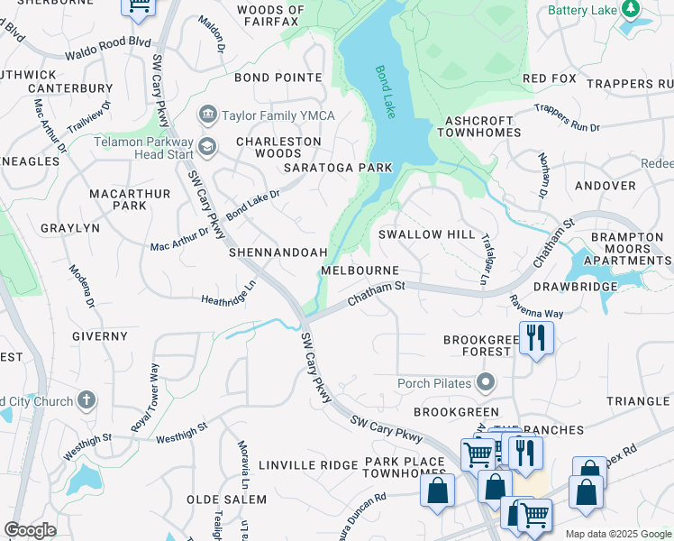 map of restaurants, bars, coffee shops, grocery stores, and more near 212 Red Field Street in Cary