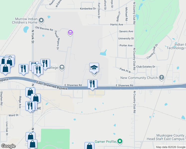 map of restaurants, bars, coffee shops, grocery stores, and more near 3200 East Shawnee Road in Muskogee