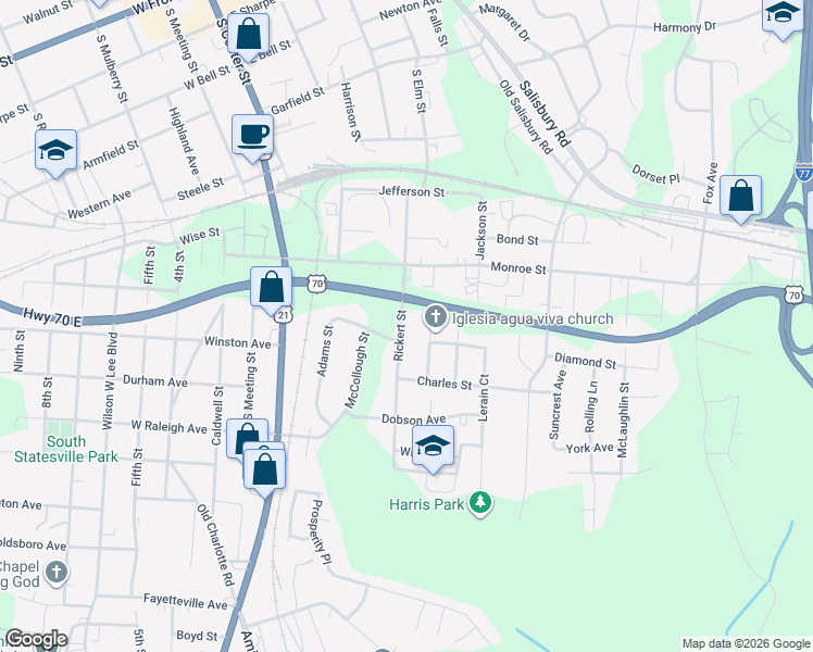 map of restaurants, bars, coffee shops, grocery stores, and more near 1008 Rickert Street in Statesville