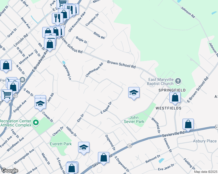map of restaurants, bars, coffee shops, grocery stores, and more near 2026 Swarthmore Lane in Maryville