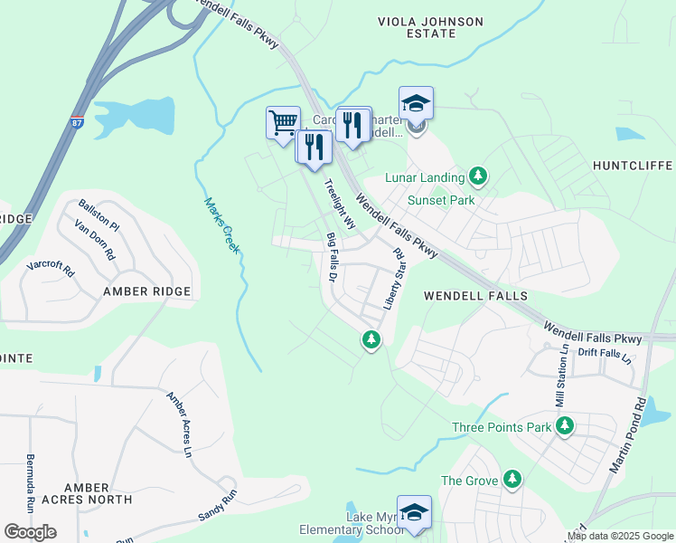 map of restaurants, bars, coffee shops, grocery stores, and more near 2040 Big Falls Drive in Wendell