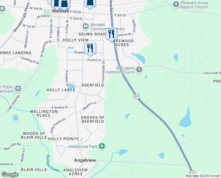 map of restaurants, bars, coffee shops, grocery stores, and more near 623 Commander Drive in Wendell
