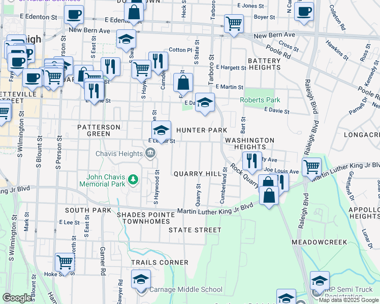 map of restaurants, bars, coffee shops, grocery stores, and more near 709 South State Street in Raleigh