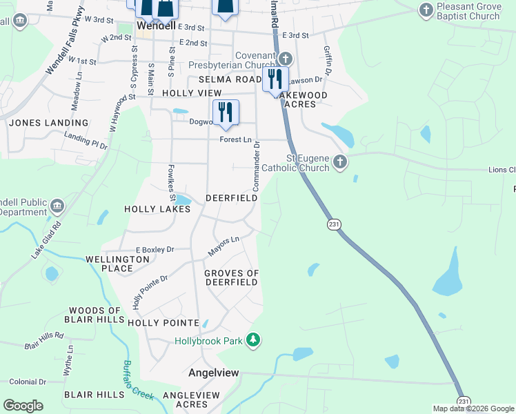 map of restaurants, bars, coffee shops, grocery stores, and more near 623 Commander Drive in Wendell